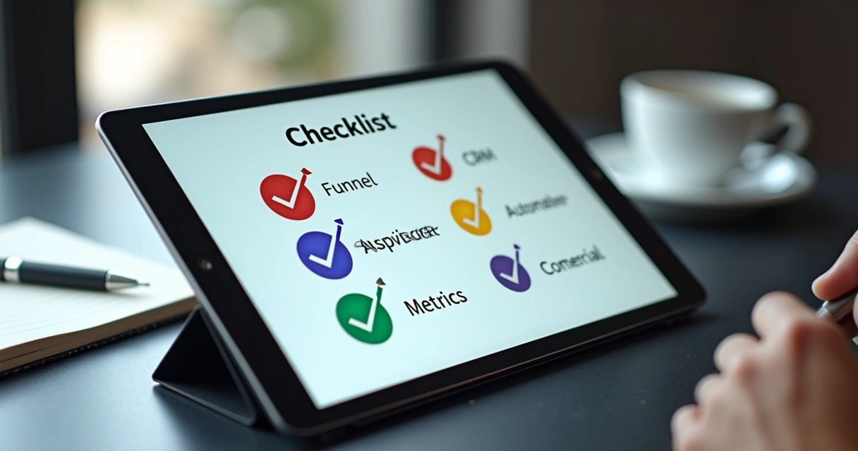 Checklist digital sobre motor de inside sales em tela de tablet, com ícones de funil, CRM e automação