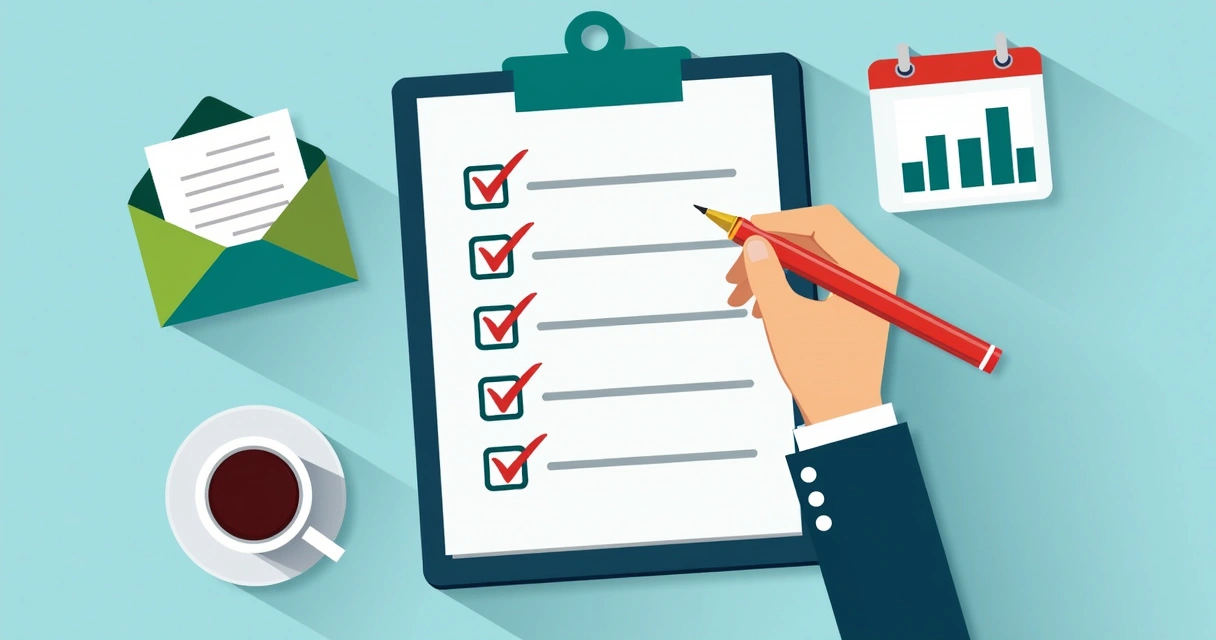 Checklist com ícones de e-mail, gráfico, pessoas e calendário para newsletter de mandato