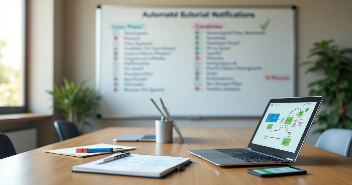 Quadro branco com checklist organizado de notificações automáticas em escritório moderno 