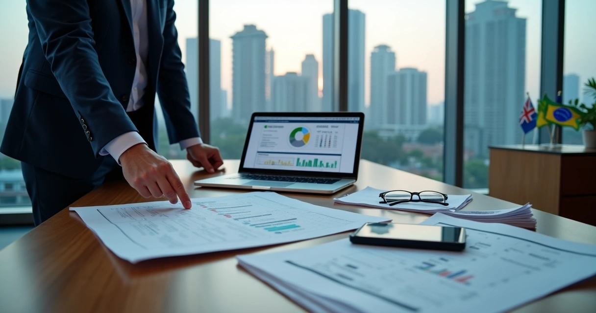 Executivo analisando checklist fiscal em escritório com bandeiras do Brasil e de outros países 