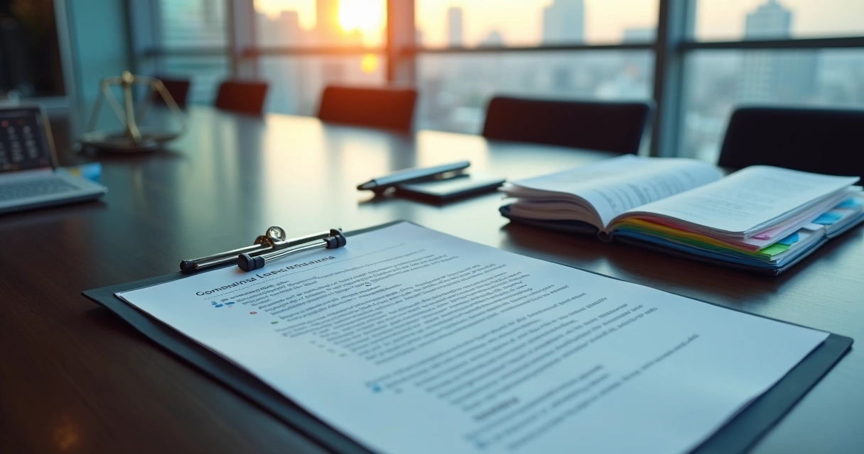 Mesa de escritório com checklist legal e contrato comercial destacados 