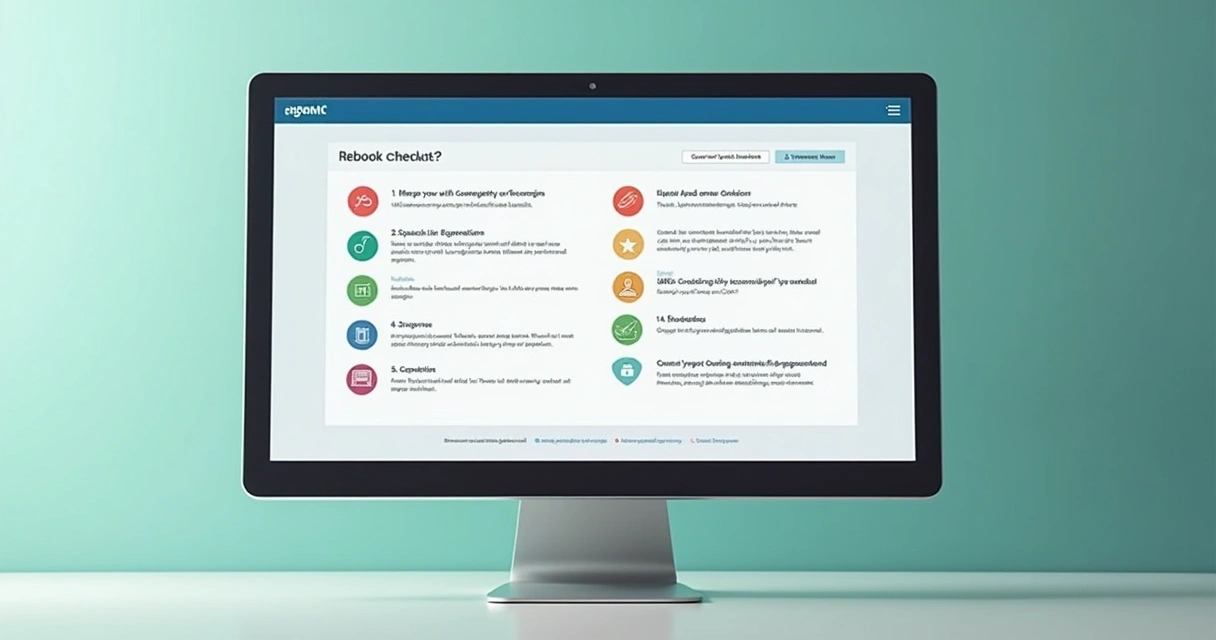 Checklist digital colorido em tela de computador, destacando etapas de onboarding para novos clientes