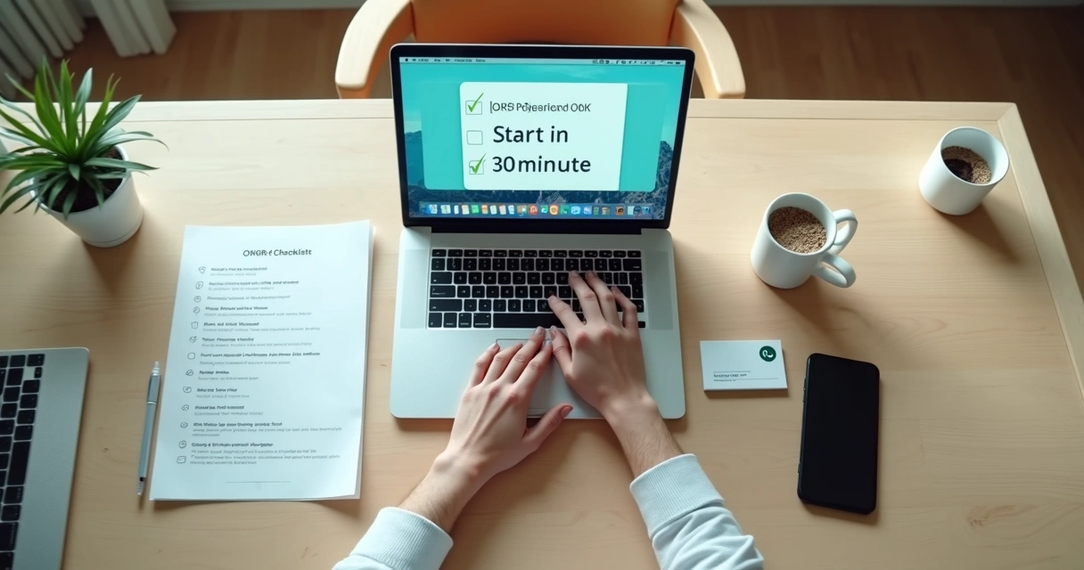 Gestor revendo checklist de preparação de onboarding em laptop sobre mesa organizada 