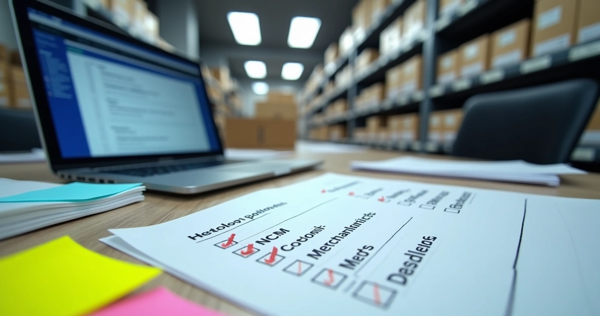 Checklist impresso e preenchido em mesa de escritório de despacho aduaneiro. 