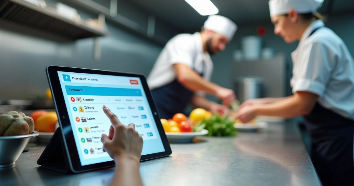 Checklist digital sendo utilizado em um tablet na cozinha de restaurante 