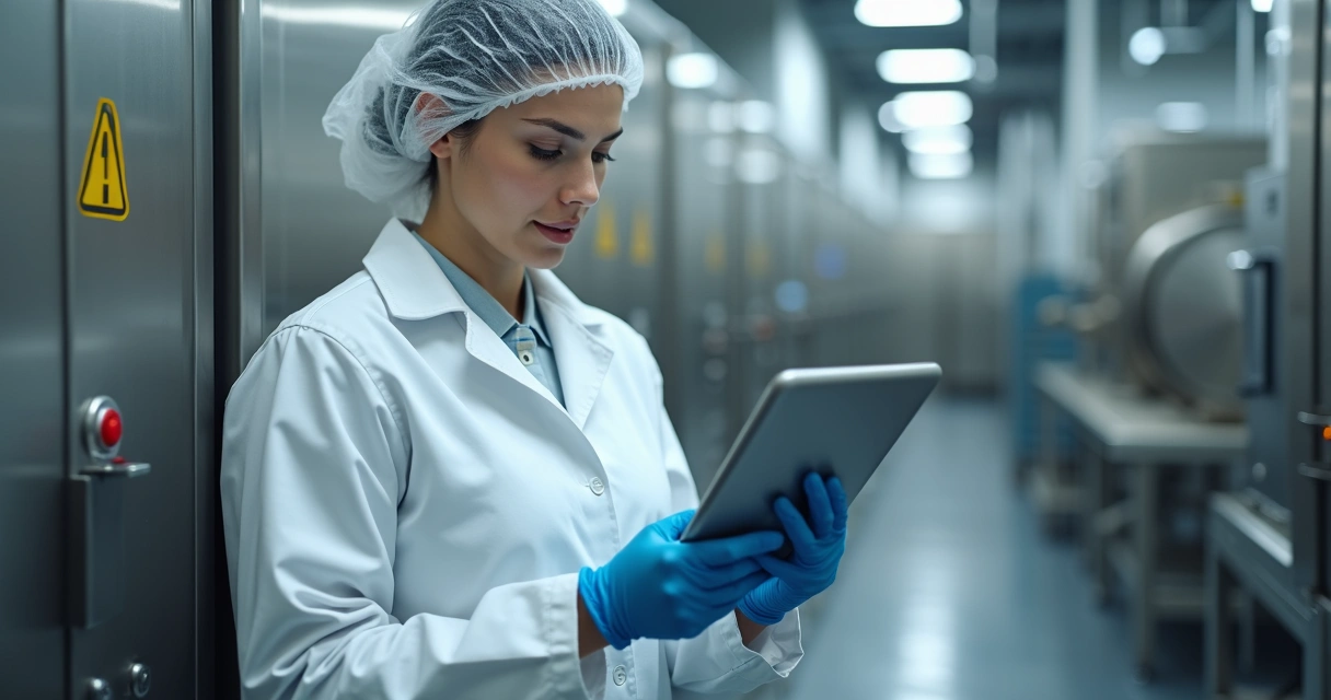 Operador preenchendo checklist digital na fábrica 