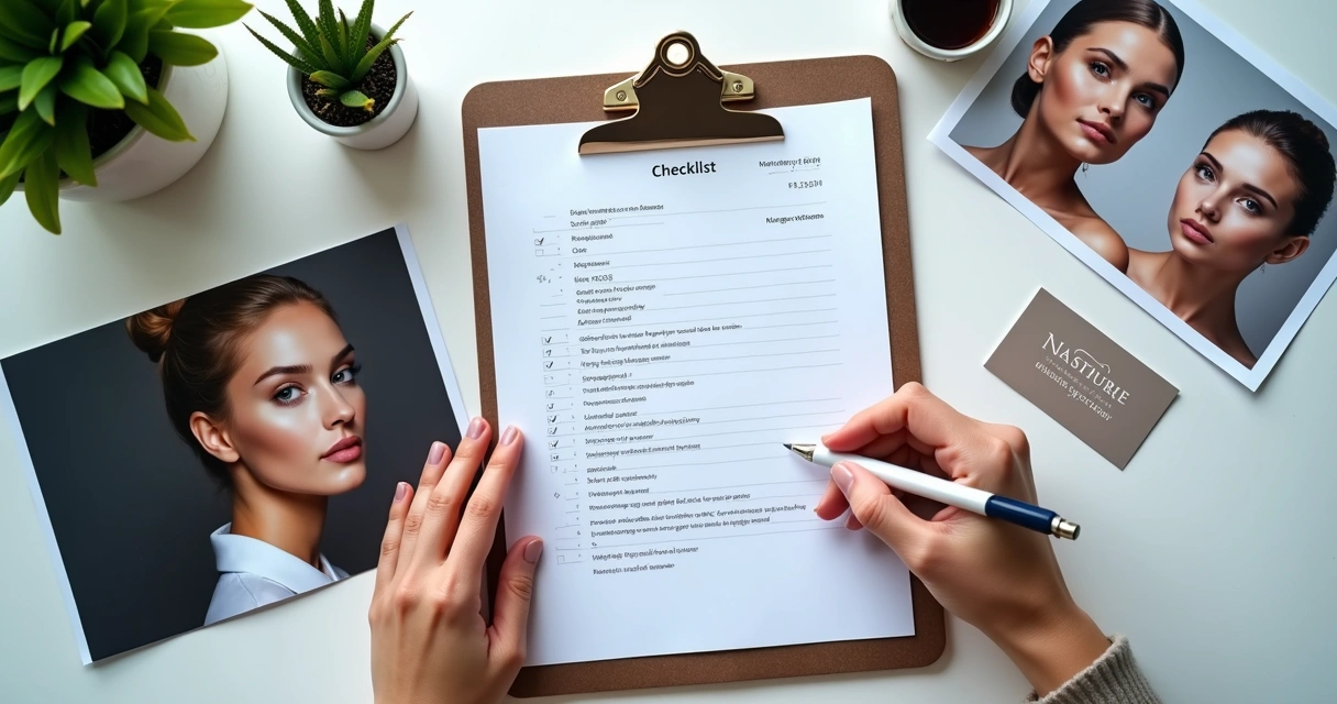Checklist preenchido em mesa de clínica de estética 
