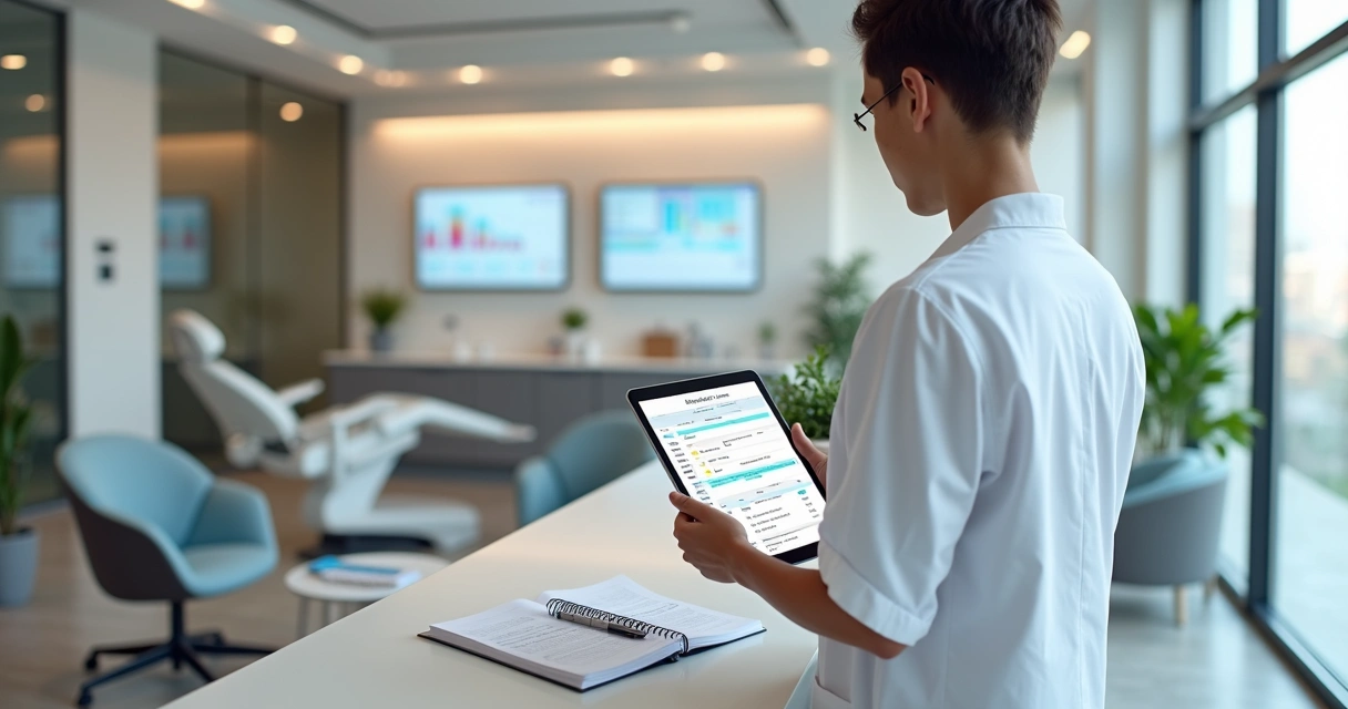 Dentista revisando checklist anual em tablet dentro de clínica odontológica organizada 