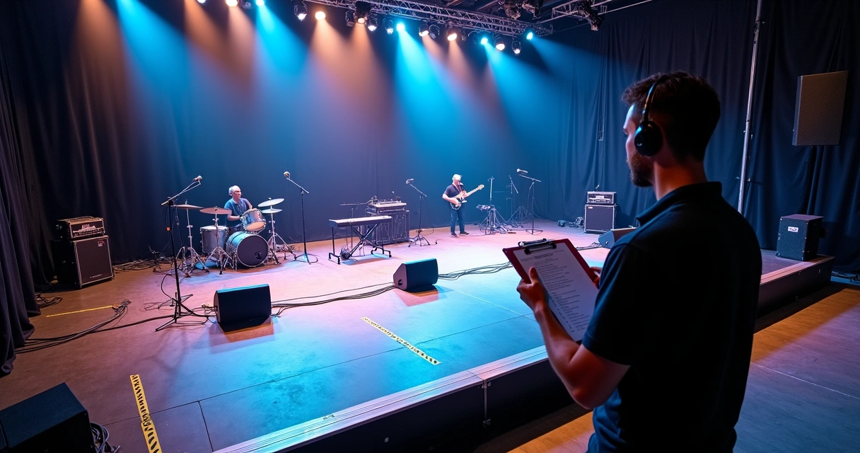 Produtor conferindo checklist no palco vazio iluminado antes do show 