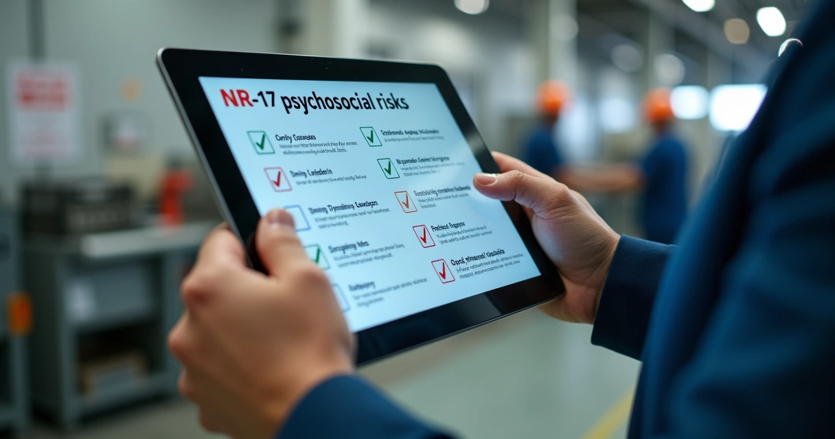 Checklist NR-17 riscos psicossociais destacado em tablet em ambiente industrial. 