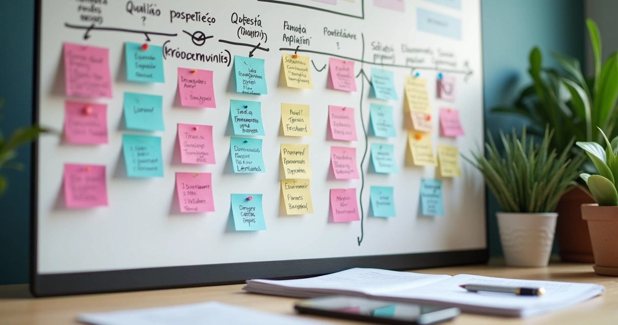 Pipeline de vendas B2B: etapas, métricas e gestão de leads 9 Quadro branco com checklist colorido e etapas do pipeline desenhadas