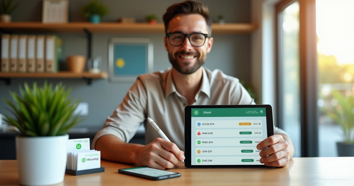 Pequeno empresário marcando checklist de pagamentos Pix identificados em tablet na recepção 