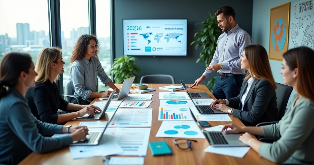 Equipe de agência de viagens analisando checklist de planejamento em reunião moderna 