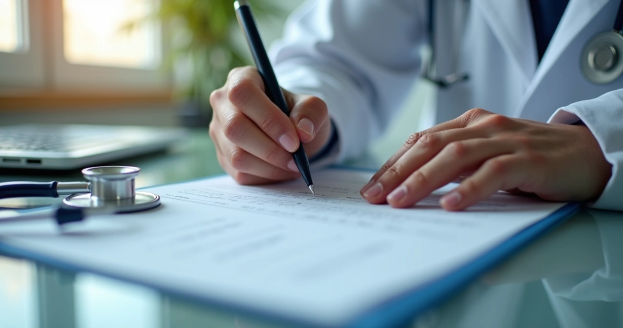 Médico preenchendo lista de checagem com estetoscópio em mesa hospitalar 