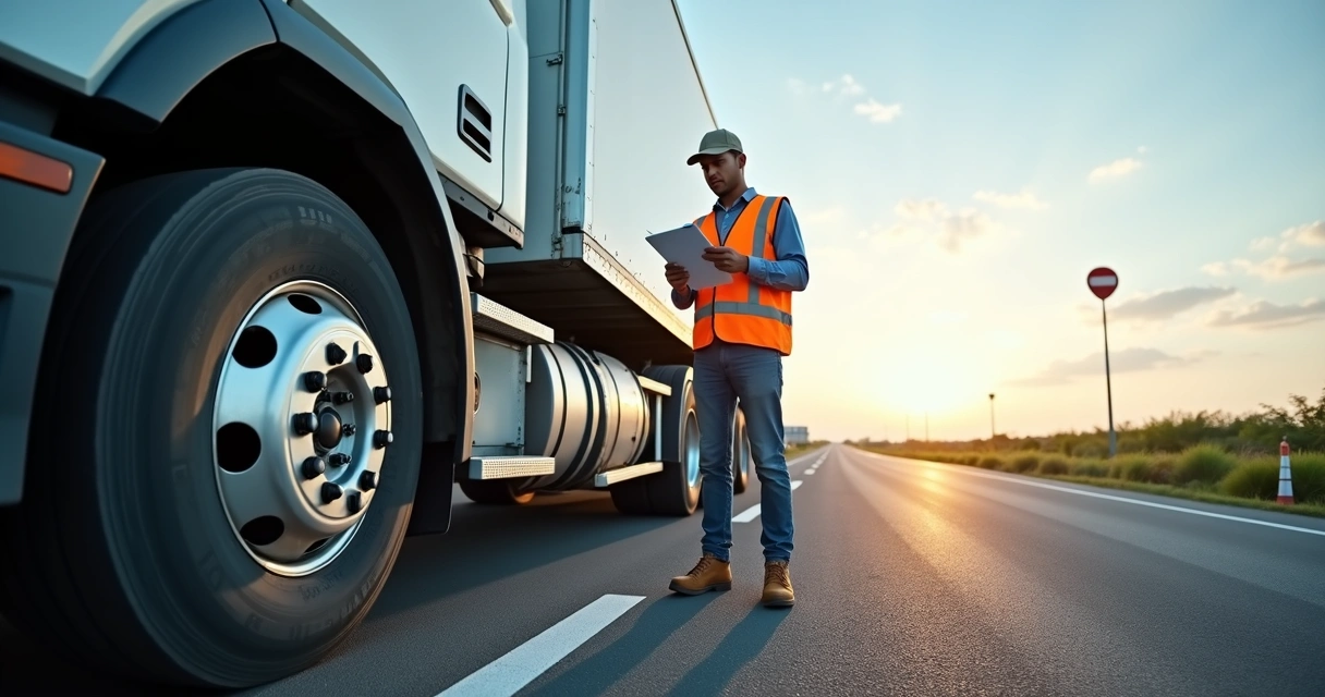 Caminhoneiro conferindo lista de verificação ao lado do pneu do caminhão 