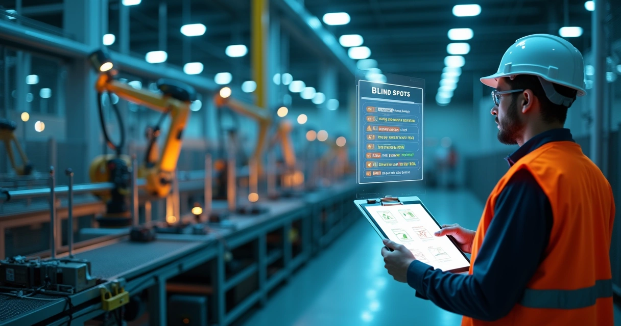 Engenheiro industrial conferindo checklist digital diante de maquinário automatizado 