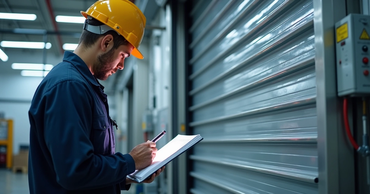 Profissional inspecionando porta automática de enrolar em ambiente comercial 
