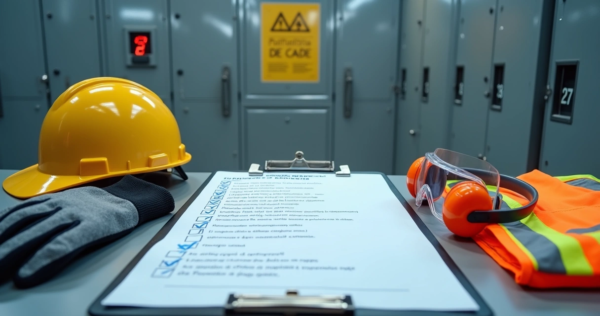 Mesa com prancheta de checklist de segurança preenchida e EPIs organizados ao lado 