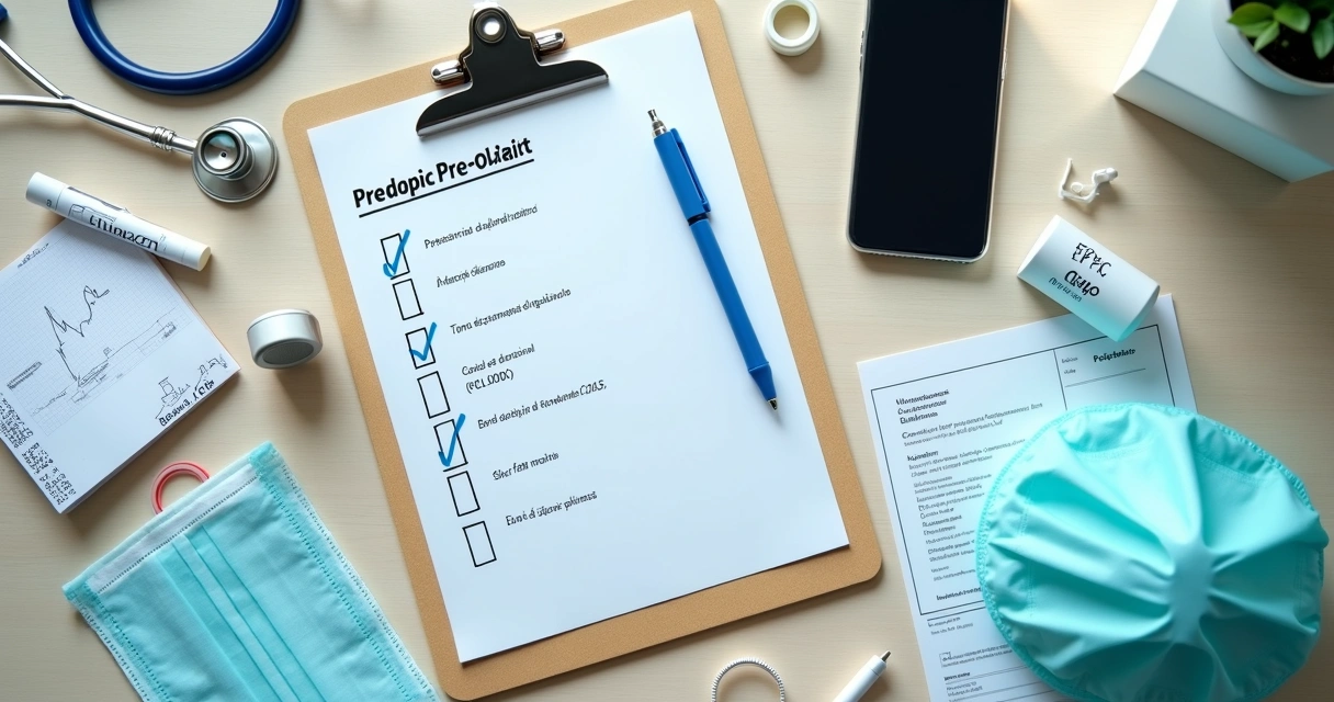 Mesa organizada com checklist de pré-operatório e itens de preparação para cirurgia 