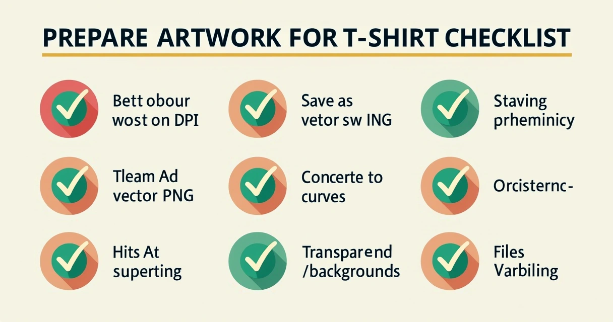 Checklist visual com etapas de preparação de arquivo para impressão de camiseta, incluindo DPI, formatos de arquivo, conversão para curvas e fundos transparentes 