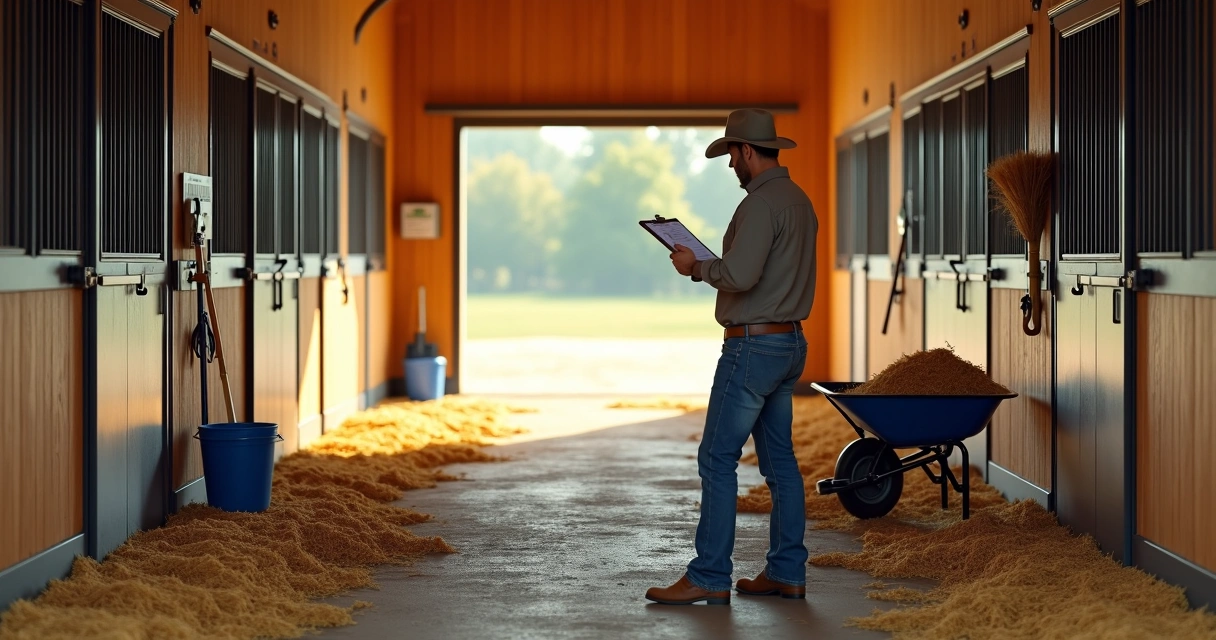 Criador conferindo checklist ao preparar baias limpas em haras 
