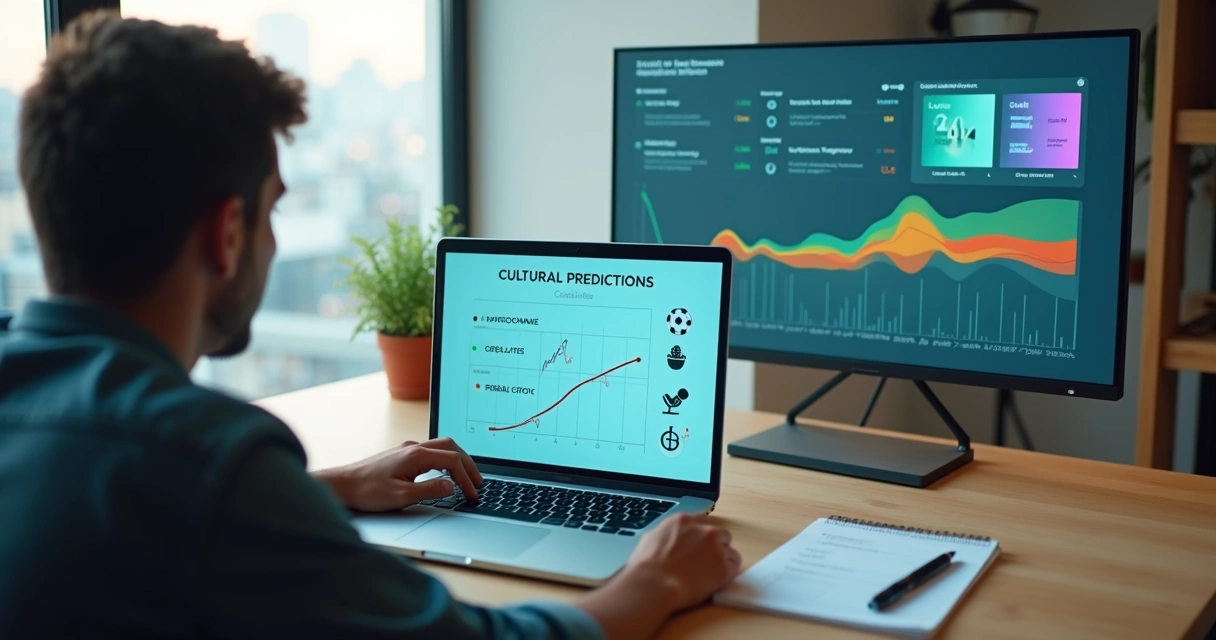 Pessoa analisando checklist em tela com gráficos de hype e ícones de cultura pop 