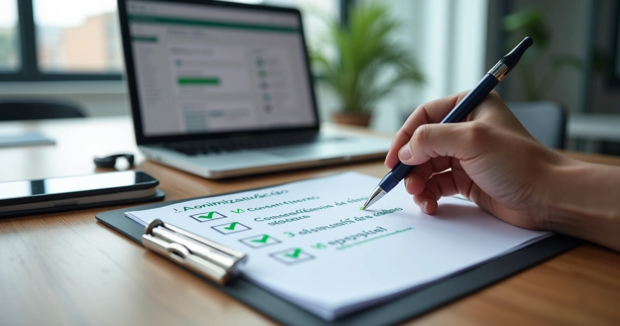 Gestor marca checklist de privacidade ao analisar relatórios de conversas de vendas no notebook 