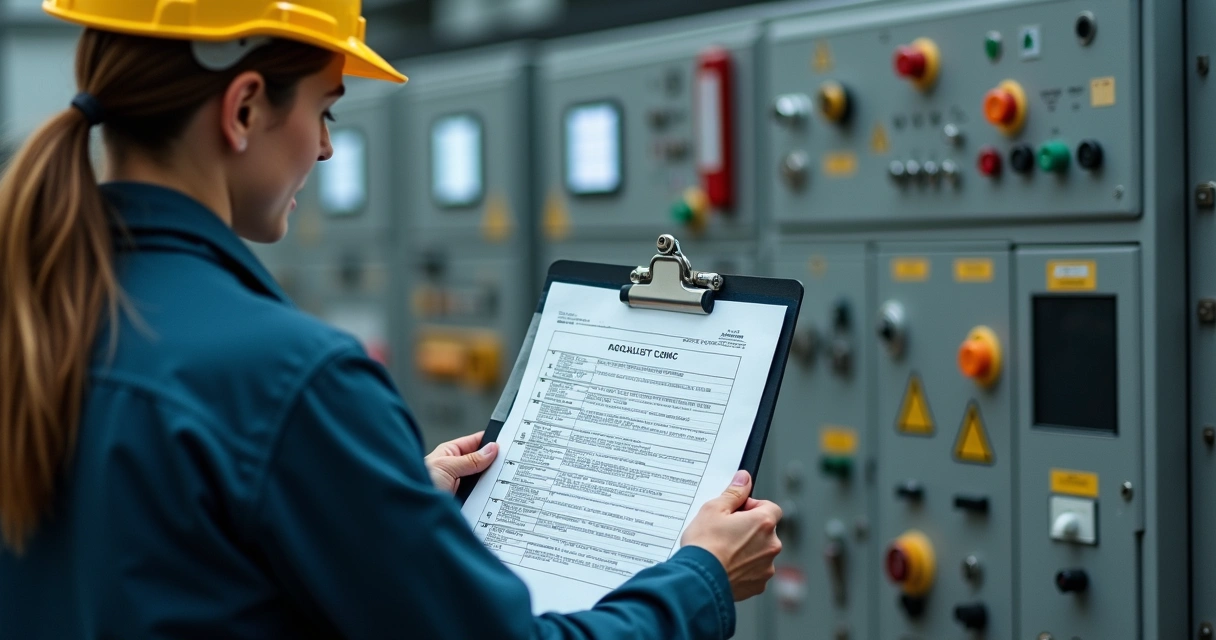 Checklist industrial em mãos de colaborador próximo a painel 