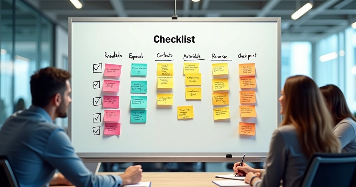 Checklist visual com cinco etapas da delegação em mural branco 