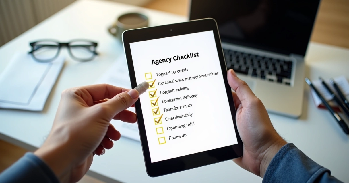 Checklist digital de processos de agência de marketing em um tablet 
