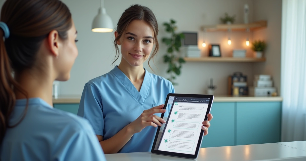 Profissional de clínica odontológica consultando um checklist digital em tablet durante o atendimento 