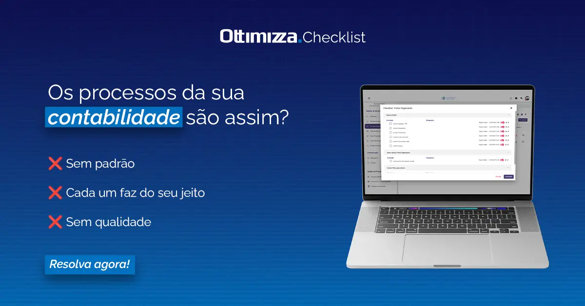 Tela de computador mostrando checklist de processos contábeis com lista de tarefas e aviso para melhorar padronização e qualidade