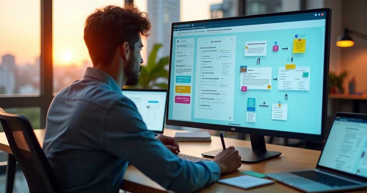 Gestor marcando checklist digital em painel com fluxos automatizados 