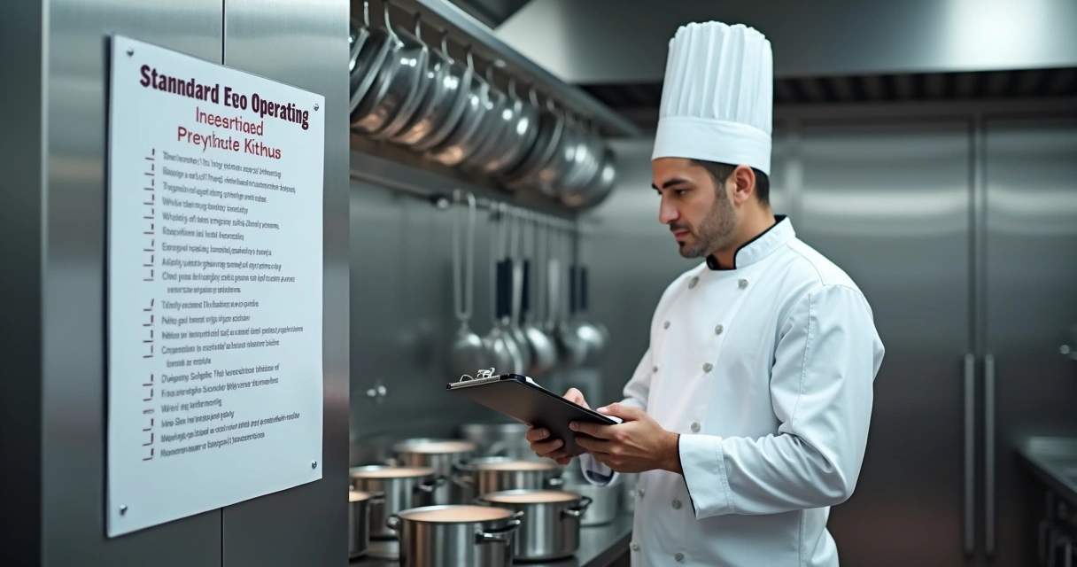 Chef de cozinha conferindo checklist fixado na parede da cozinha 