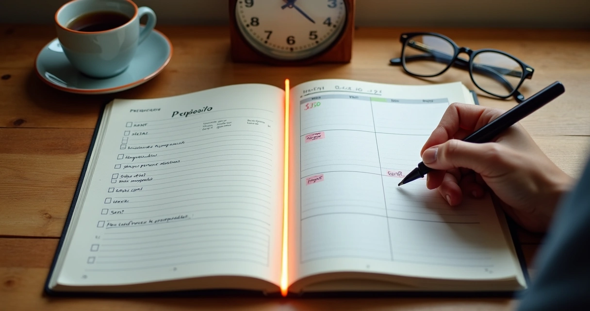 Pessoa preenchendo checklist sobre propósito em caderno ao lado de agenda semanal 