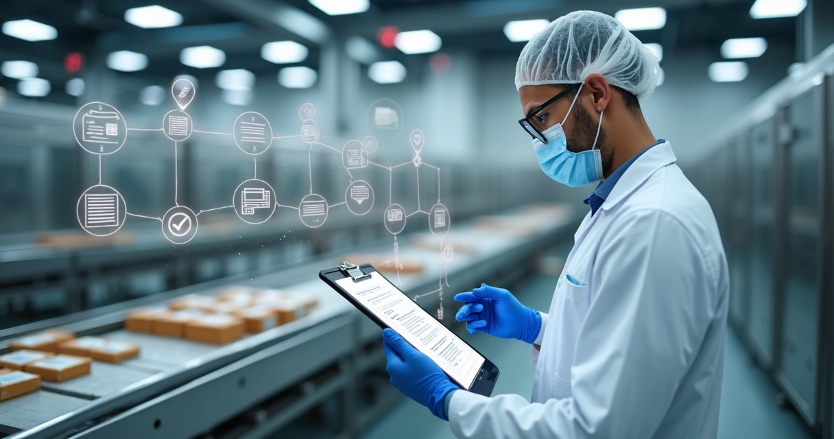 Gestor conferindo checklist de rastreabilidade em fábrica de alimentos 