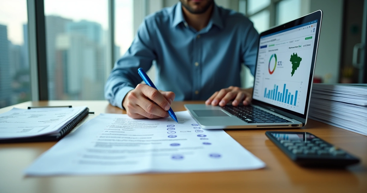 Empresário de e-commerce analisando checklist da reforma tributária em escritório moderno 