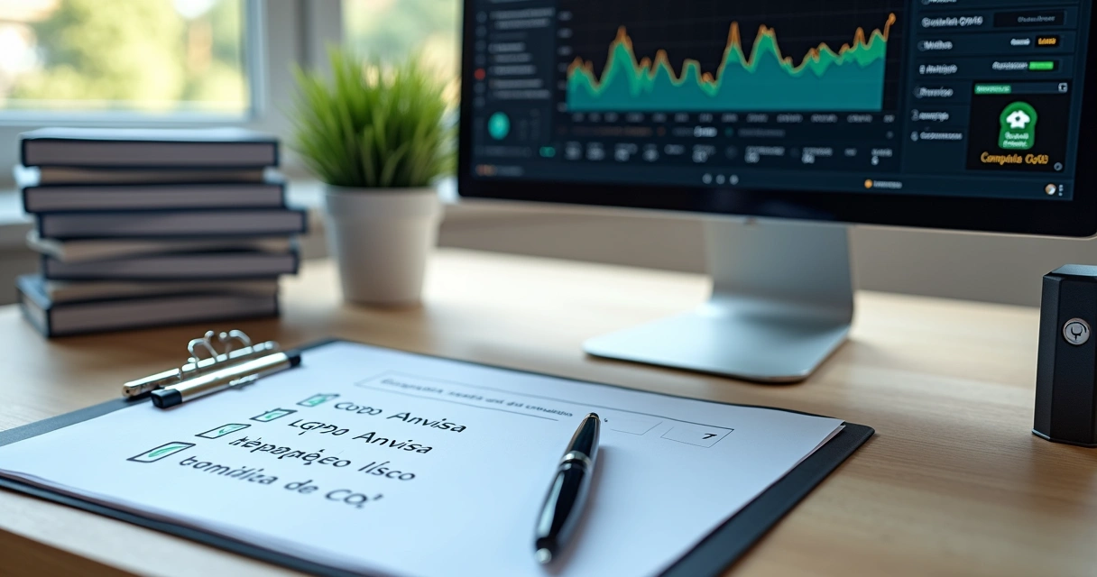 Checklist jurídico sobre dados ambientais ao lado de monitor com gráficos 