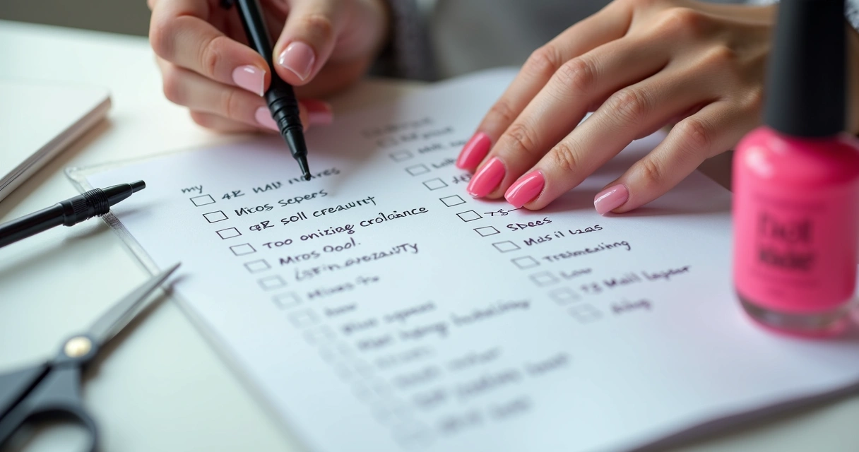 Pessoa conferindo checklist de relatório de salão de beleza em papel, com marcações e caneta 