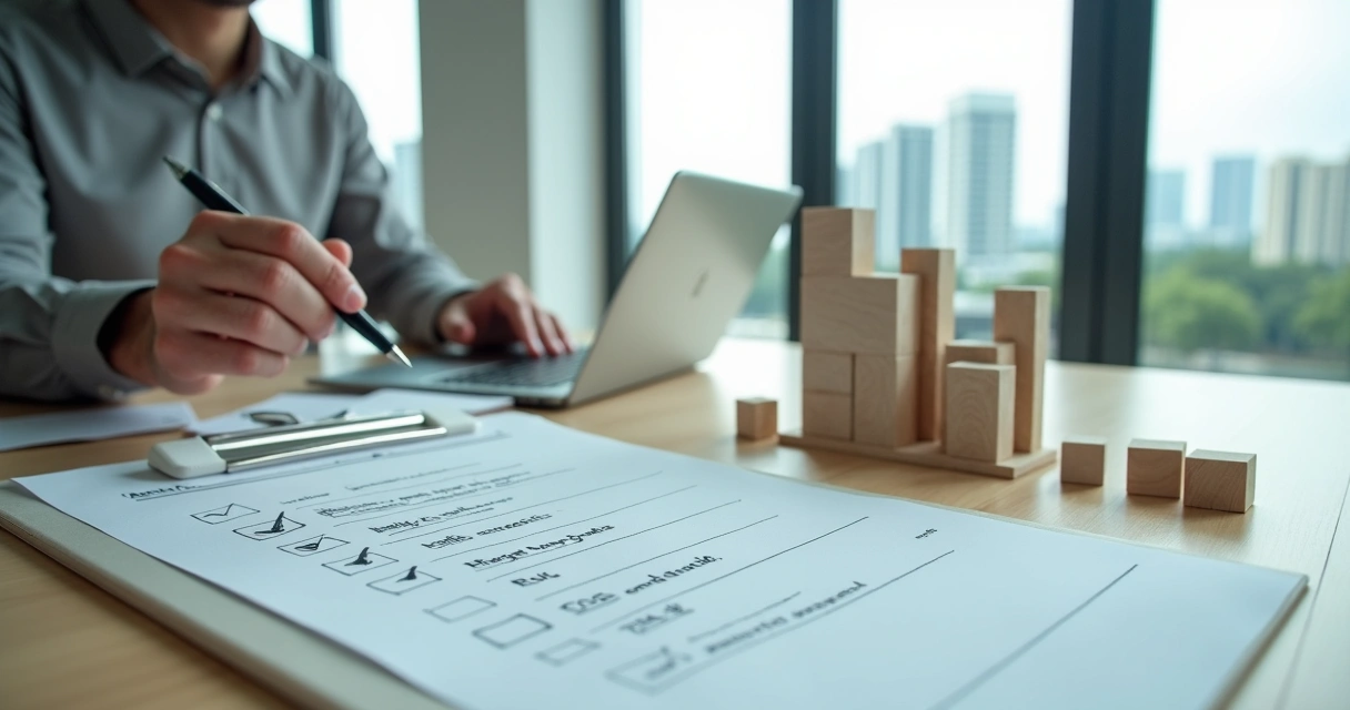 Profissional marca checklist tributário em prancheta ao lado de estrutura de empresa modular 