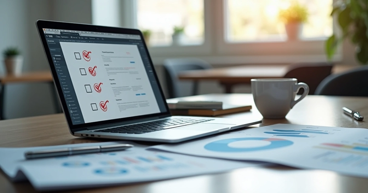 Checklists organizados em um laptop ao lado de uma caneta e documentos de escritório sobre uma mesa moderna 