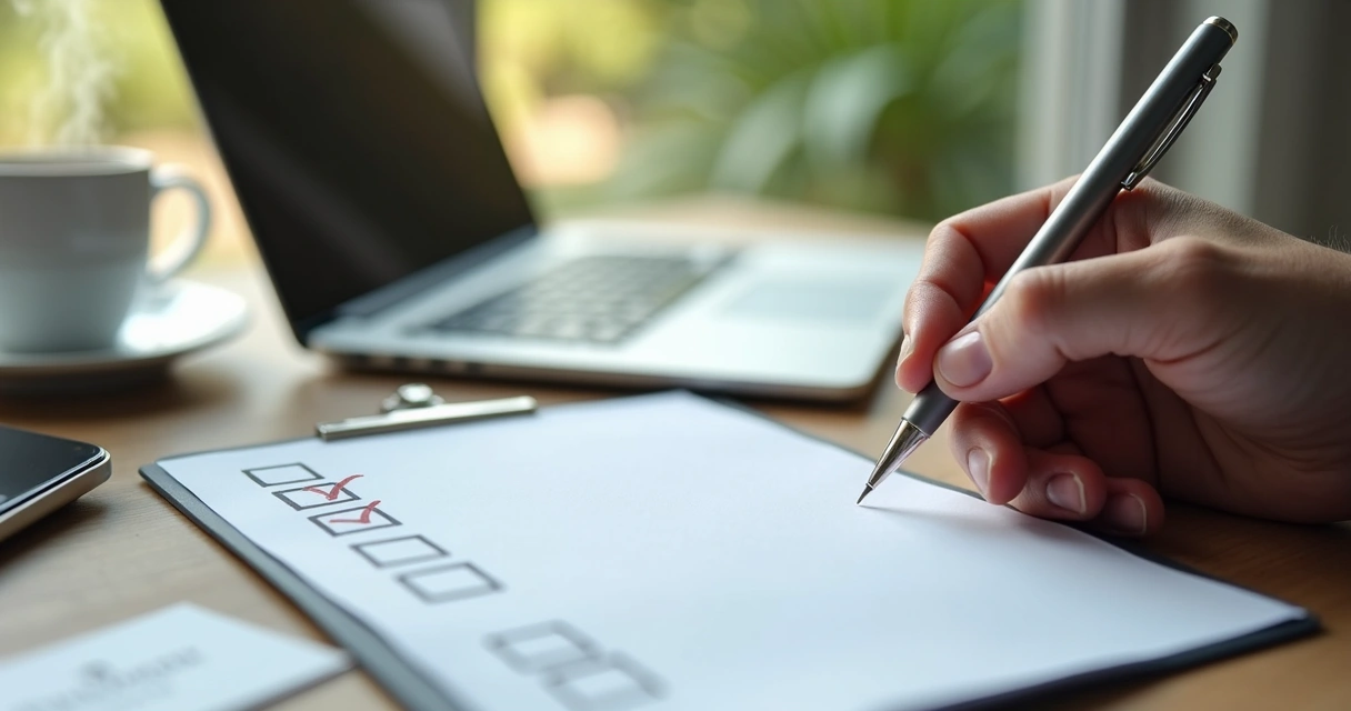 Checklist impresso ao lado de notebook e xícara de café