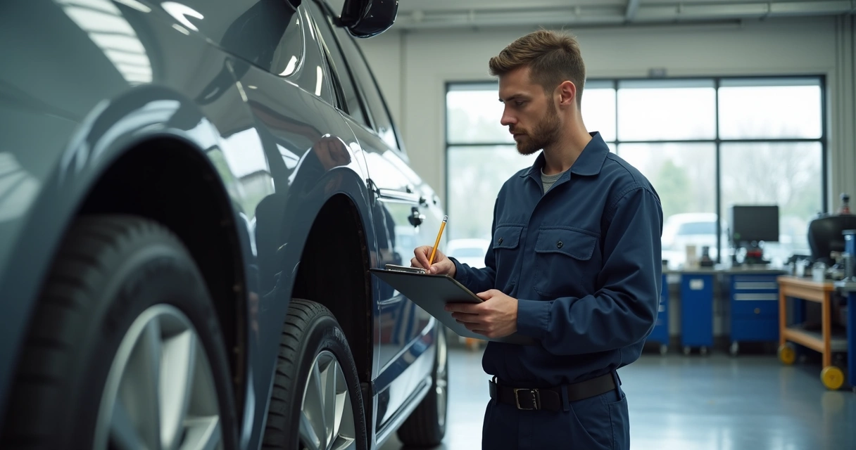 Mecânico conferindo freios e pneus de um carro em uma oficina bem iluminada 