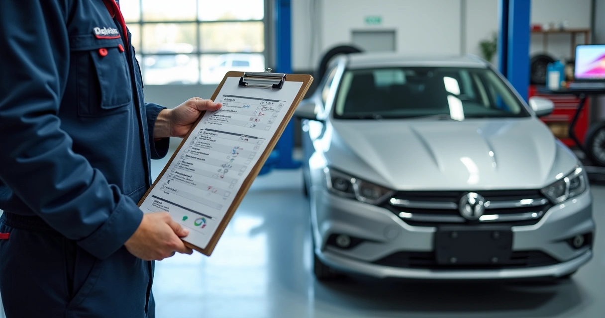 Checklist de revisão veicular completa apoiado no capô de um carro moderno 