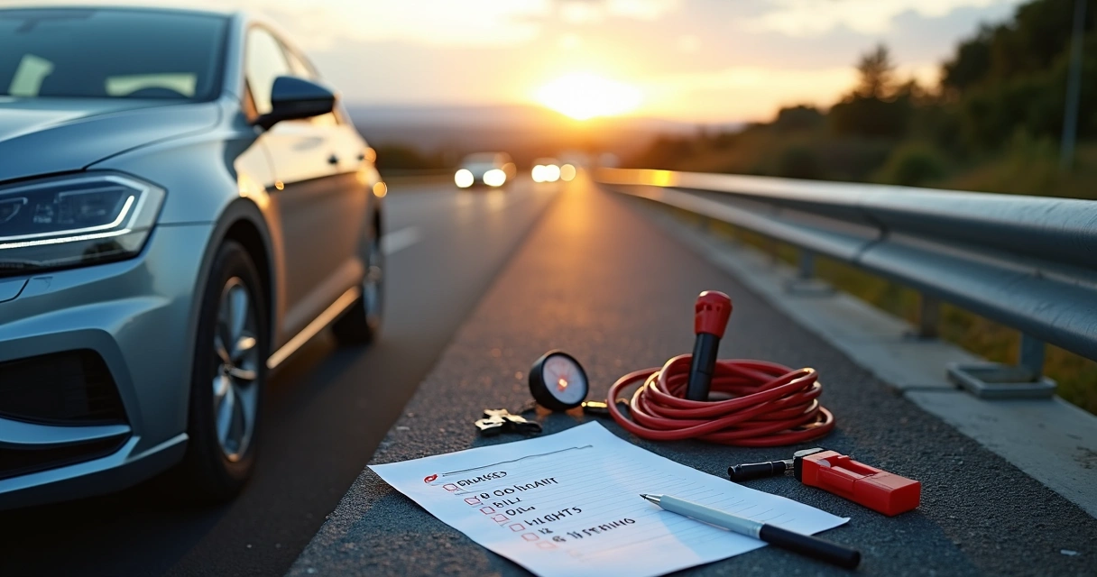 Checklist de revisão pré-viagem apoiado no carro pronto para pegar estrada 