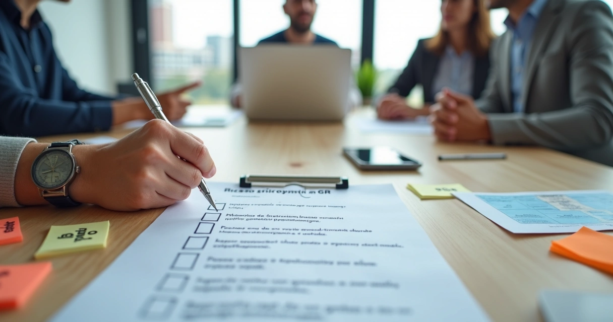 Mesa de escritório com checklist impresso de riscos psicossociais no PGR sendo marcado por gestora de RH 