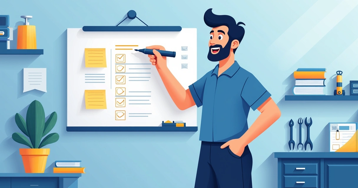 Quadro branco com checklist e técnico marcando itens de inventário 