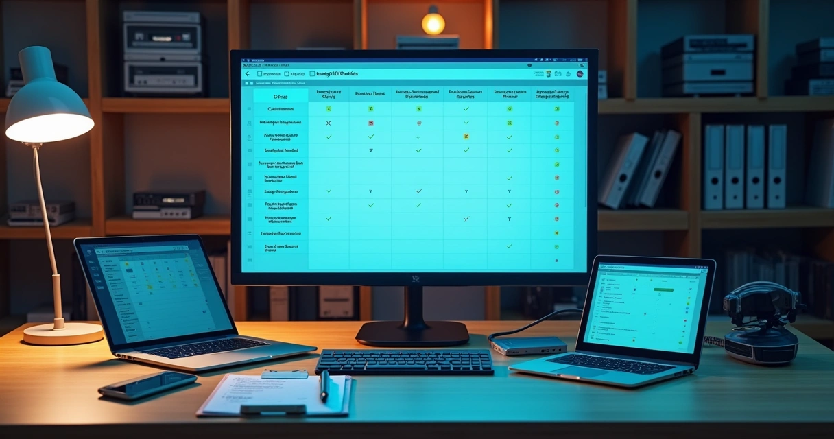 Mesa de TI com checklist semanal digital organizado ao lado de vários dispositivos 