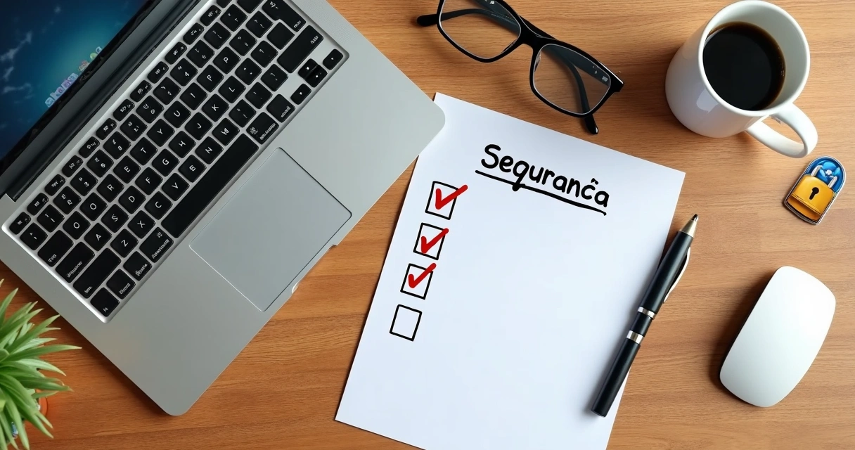 Lista de verificação de segurança em papel ao lado de notebook e caneta 