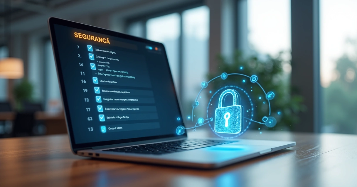 Mesa de trabalho com laptop mostrando checklist digital de segurança ao lado de um assistente digital em holograma